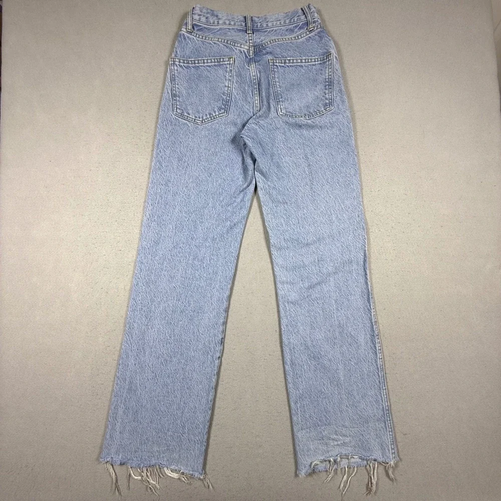 Zara Womens Crossed Waist Straight Leg Jeans Light Wash Raw Hem Blue Size 2